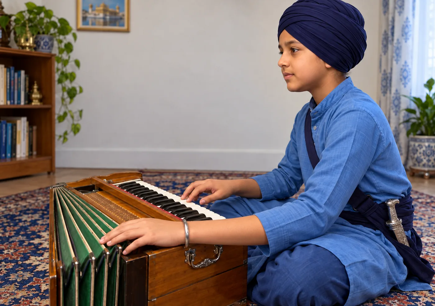 Gursikh boy in a navy dastar playing a wooden harmonium, left elbow gently bent as his hand works the bellows and right fingers rest over the keys
