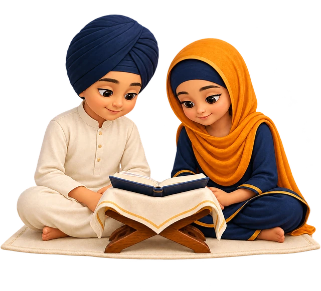 A boy and a girl reading a Gutka Sahib on a rehal